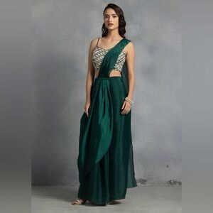 Gorgeous Green Pre-Stitched Beaded Saree Set (worn once)